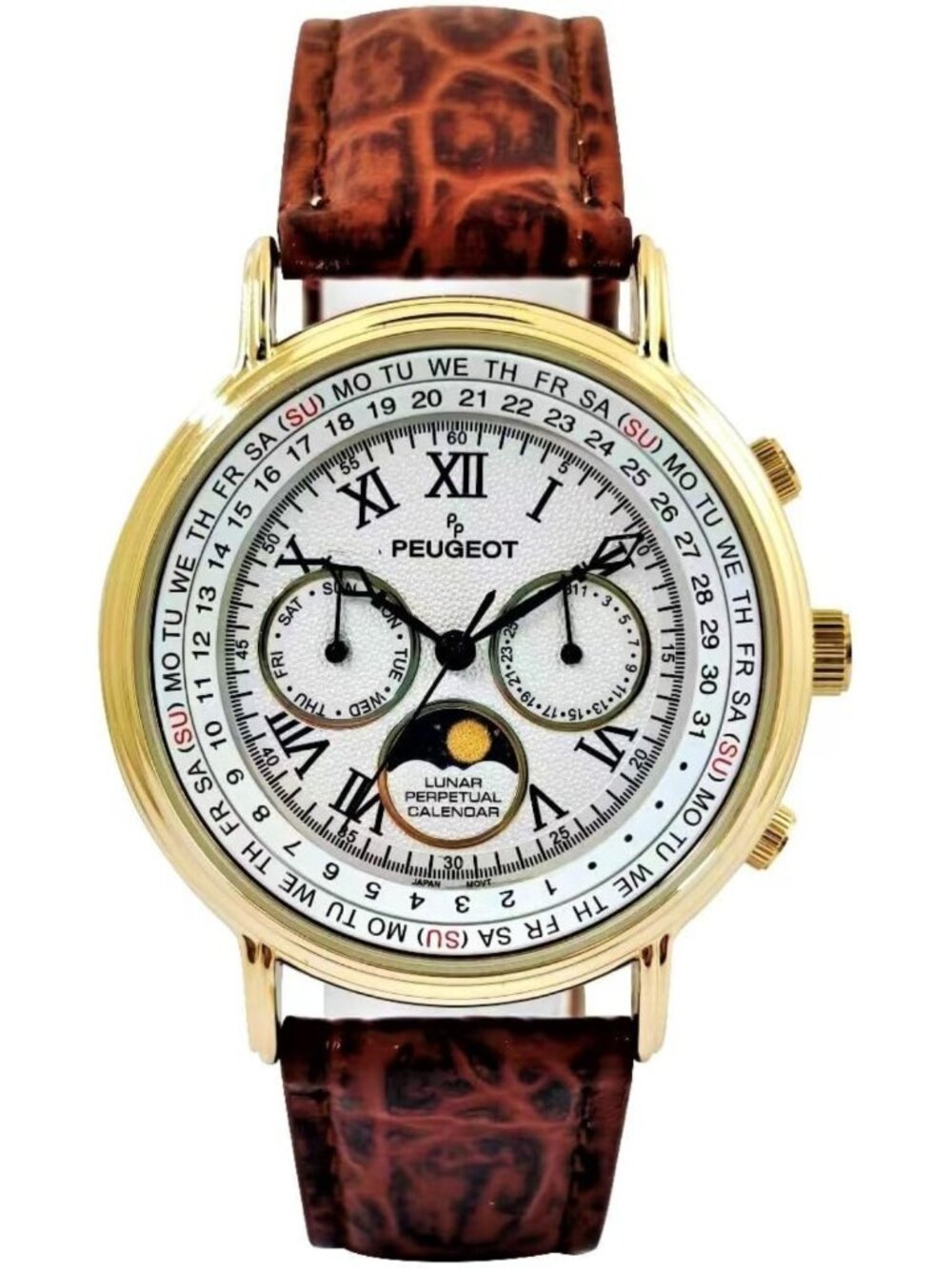 Vintage Moon Phase Perpetual Calendar Gold Tone Leather Watch for Men